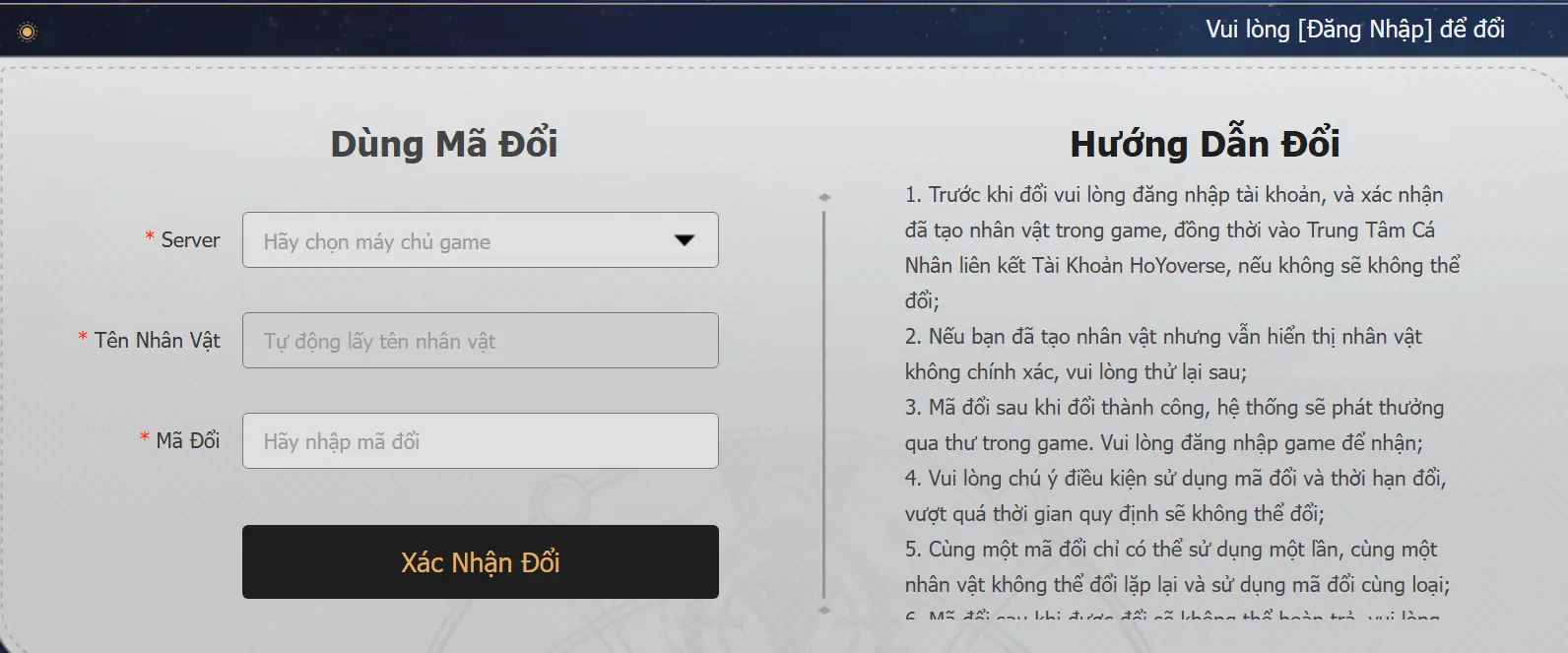 Chọn đúng server và nhân vật