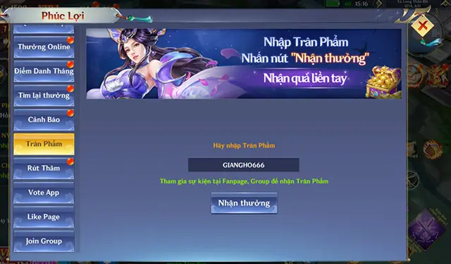 Chọn mục Trân Phẩm, nhập chính xác giftcode Giang Hồ: Bát Phái Phân Tranh và nhấn Nhận thưởng