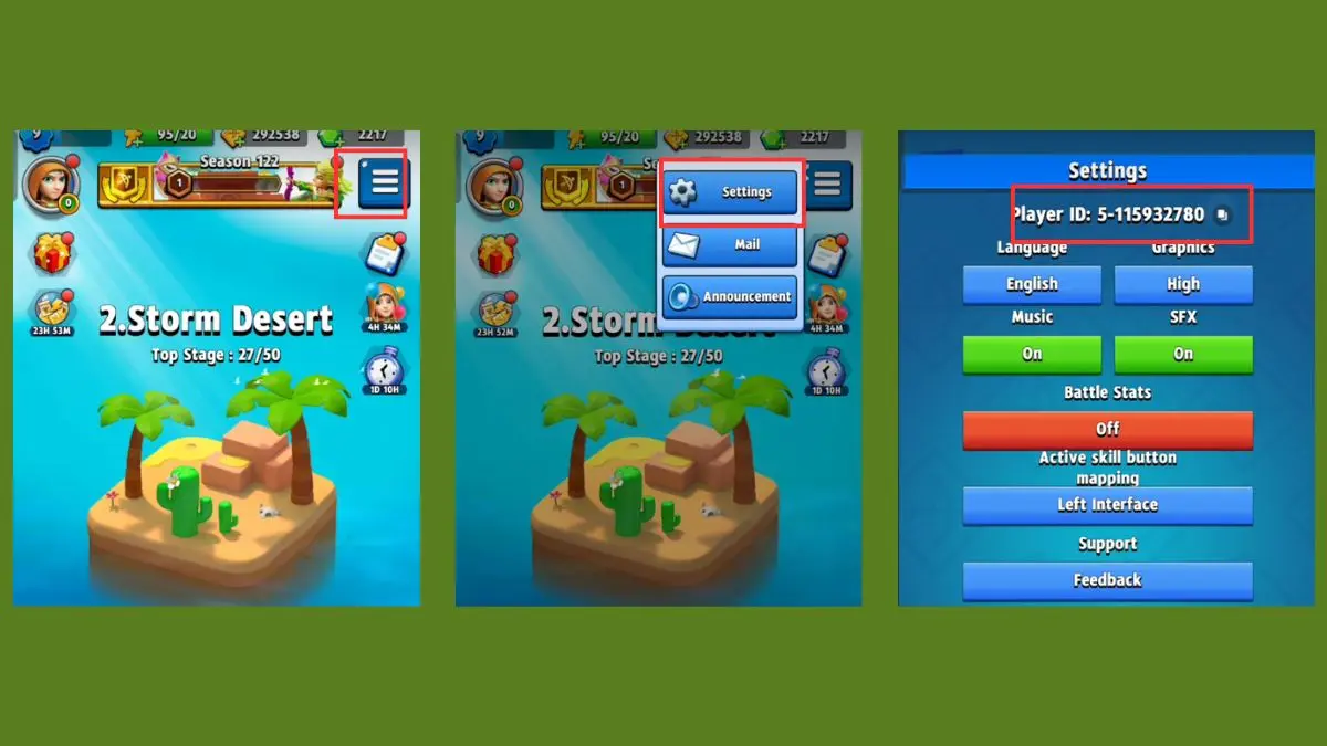 Bước 1 vào game Archero 2 và chọn “Settings”. Sau đó sao chép ID của game thủ