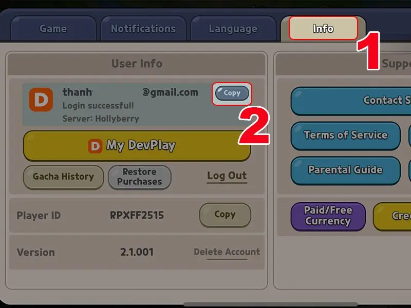 Bước 3 chọn phần “Info” và sao chép mã ID