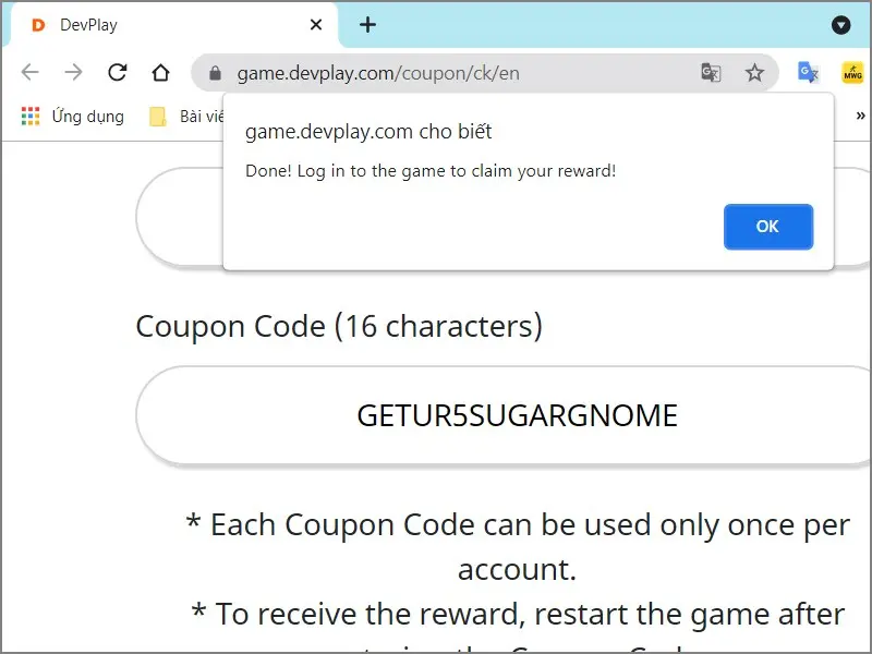 Bước 5 sau khi nhập thành công, người chơi sẽ nhận được thông báo hiển thị trên màn hình là đã nhập thành công