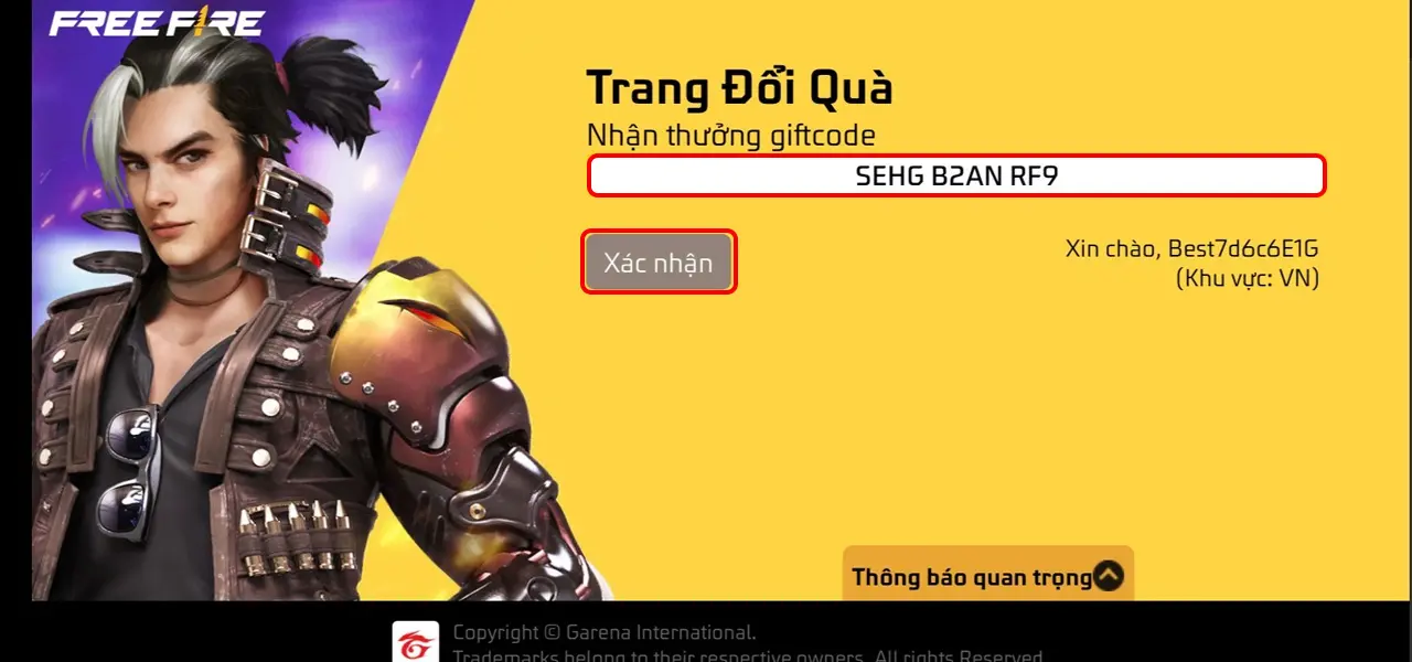 Bước 3 nhập mã code vào ô trống và nhấn “Xác nhận” để hoàn tất quá trình đổi quà