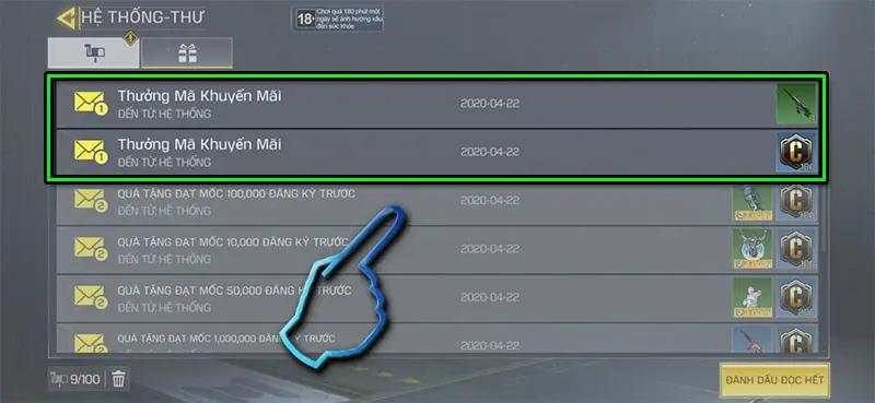 Bước 7 nhấp vào 2 bức thư để nhận quà