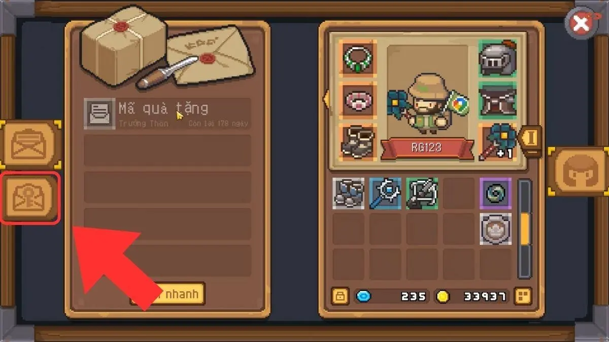 Bước 2 chọn biểu tượng bức thư với chìa khóa “Đổi mã quà tặng”