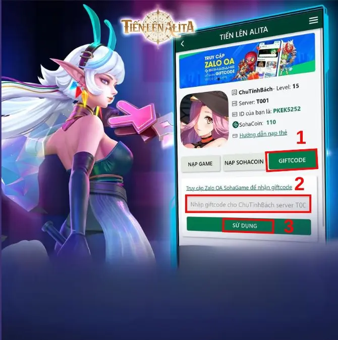 Bước 3 chọn tab “Giftcode”. Sau đó nhập code vào ô và chọn “Sử dụng”