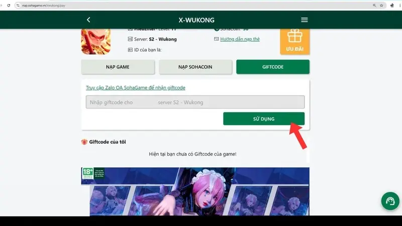 Bước 3 chọn tab “Giftcode”. Sau đó nhập code vào ô và nhấn chọn “Sử dụng”