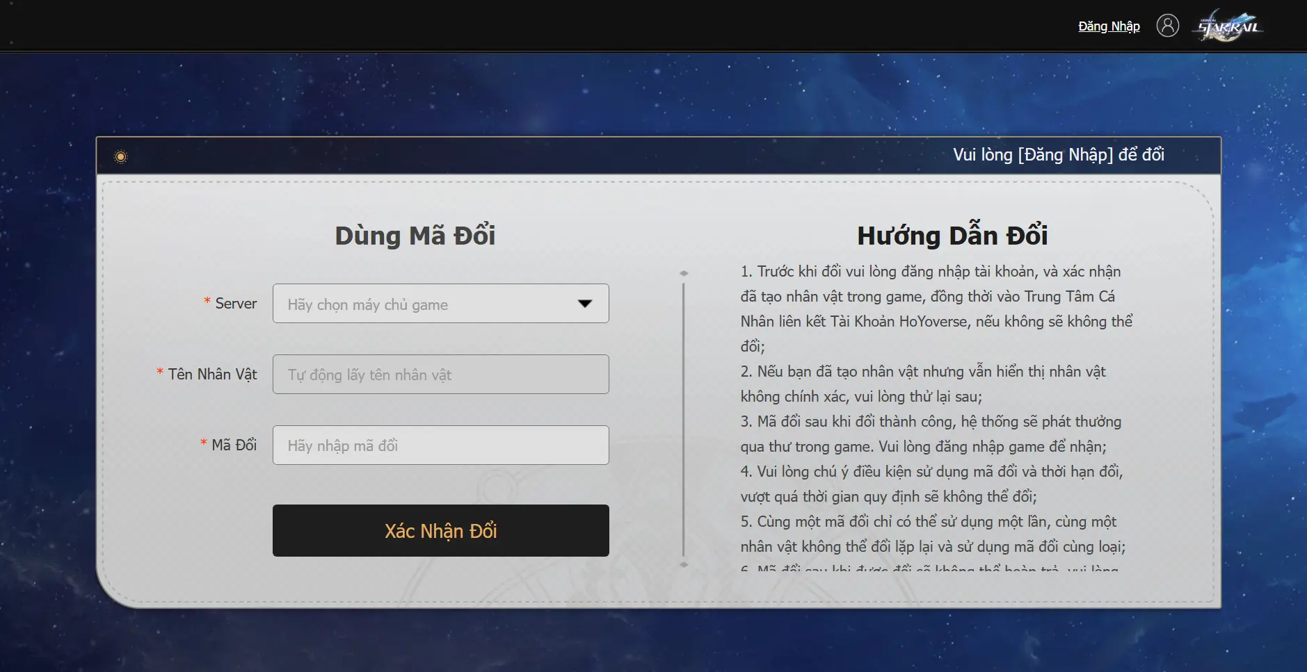 Dán mã code Honkai: Star Rail còn hạn vào ô Xác Nhận Đổi, sau đó nhấn Xác Nhận Đổi