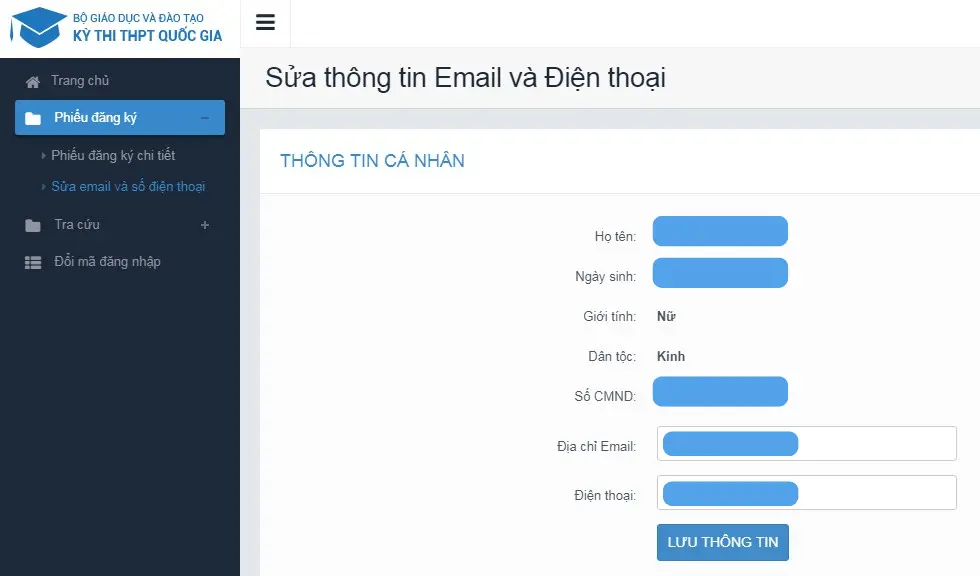 Cách đăng nhập thisinh.thithptquocgia.edu.vn 2026 7 Đăng nhập và truy cập mục “Phiếu đăng ký”, sau đó chọn “Sửa email và số điện thoại”