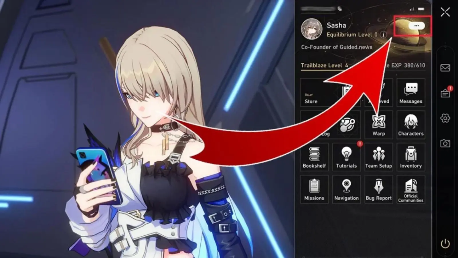 Đăng nhập vào game và chọn biểu tượng dấu ba chấm