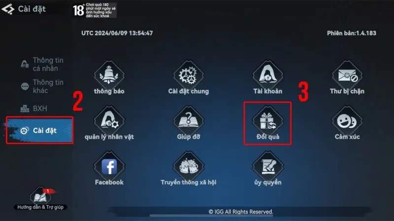 Người chơi chọn mục Cài đặt, nhấn vào Đổi quà