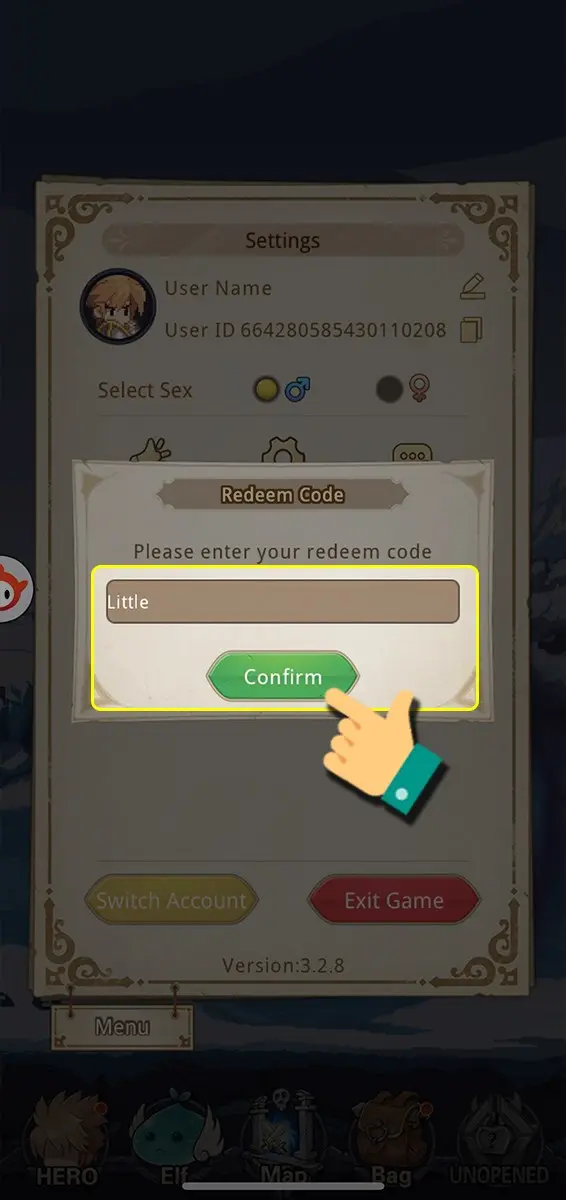 Nhập code Little Hero vào ô trống, sau đó nhấn Confirm