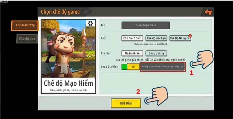 Nhập mã code Mini World và chọn Bắt Đầu để vào game