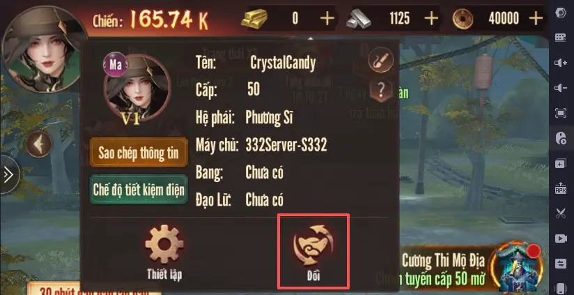 Tiếp tục chọn vào biểu tượng Đổi trong menu