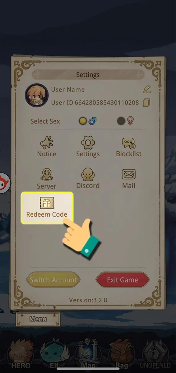 Tìm và chọn mục Redeem Code để nhập mã