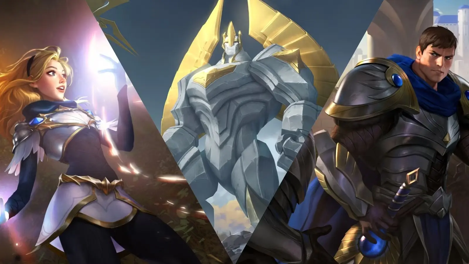 LMHT 2026: Rò rỉ 16 tướng sắp có trang phục mới 2 Ba nhân vật trang phục hiệp sĩ của Demacia (Lux, Galio và Garen) trong game Liên Minh Huyền Thoại