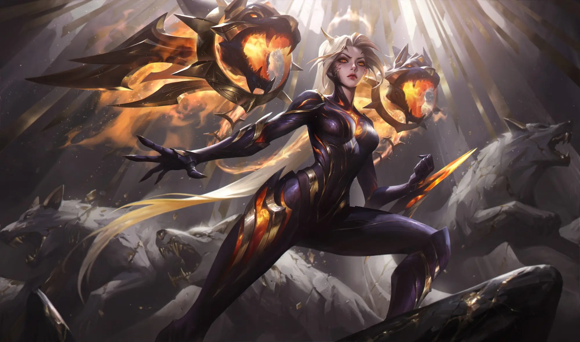 Gumayusi chốt tướng làm skin CKTG 2025: Miss Fortune Hàng Hiệu và Yunara 3 Nhân vật Riven trang phục Thần Tượng Âm Nhạc, với hiệu ứng lửa và tượng chó sói phía sau