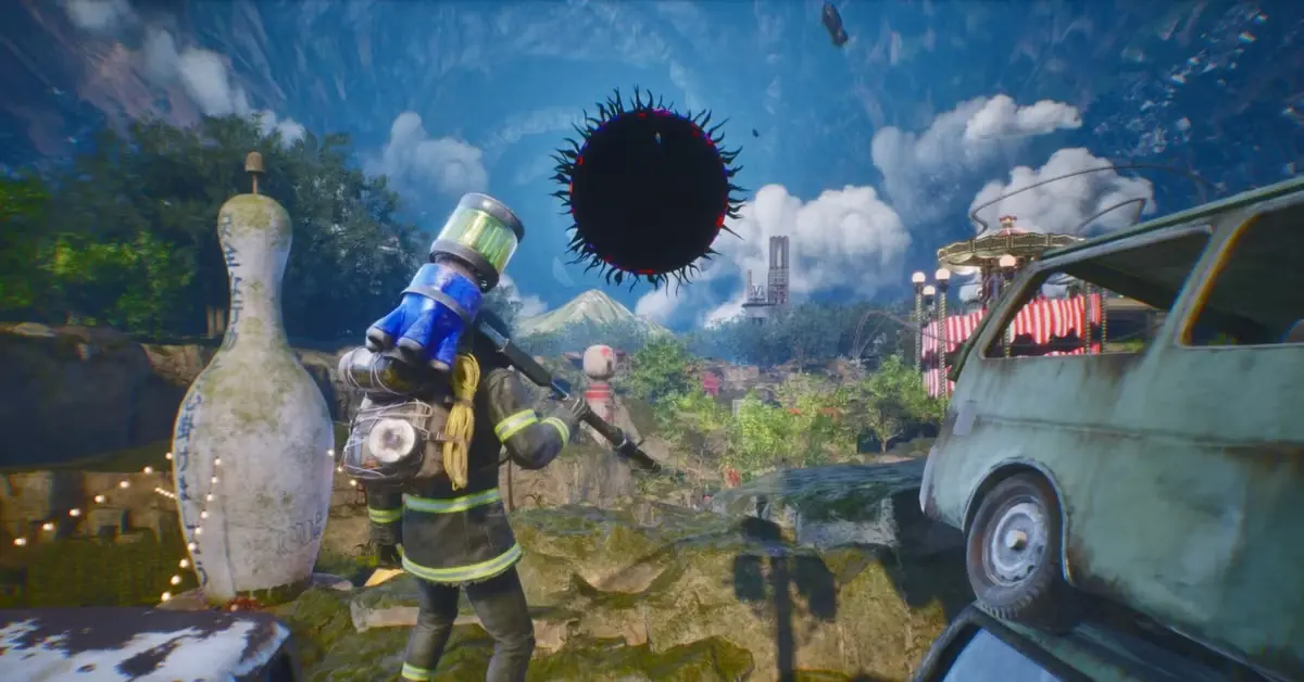 Hình ảnh nhân vật mặc đồ cứu hộ/phòng độc màu đen và xanh dương đang cầm súng