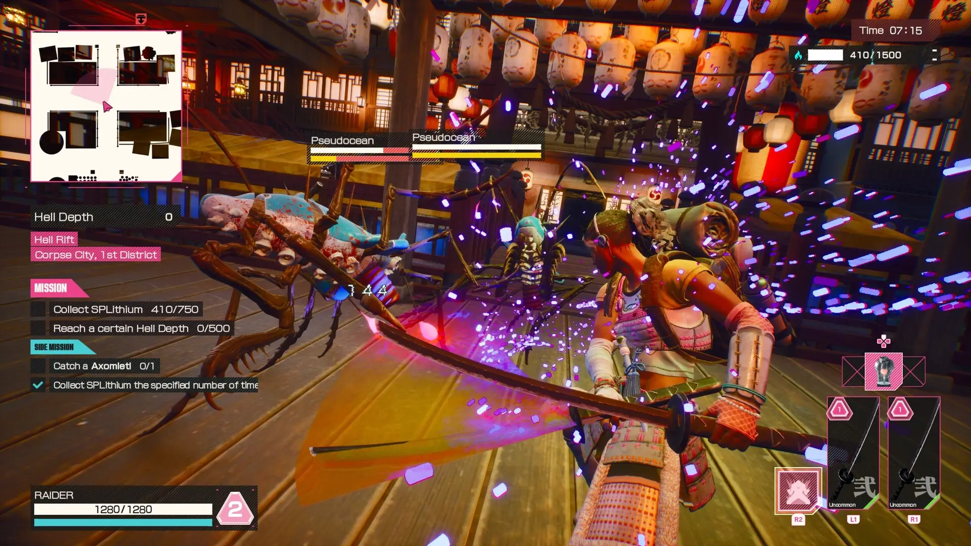 Hình ảnh nhân vật nữ mặc giáp Samurai và cầm katana, chiến đấu với nhiều sinh vật