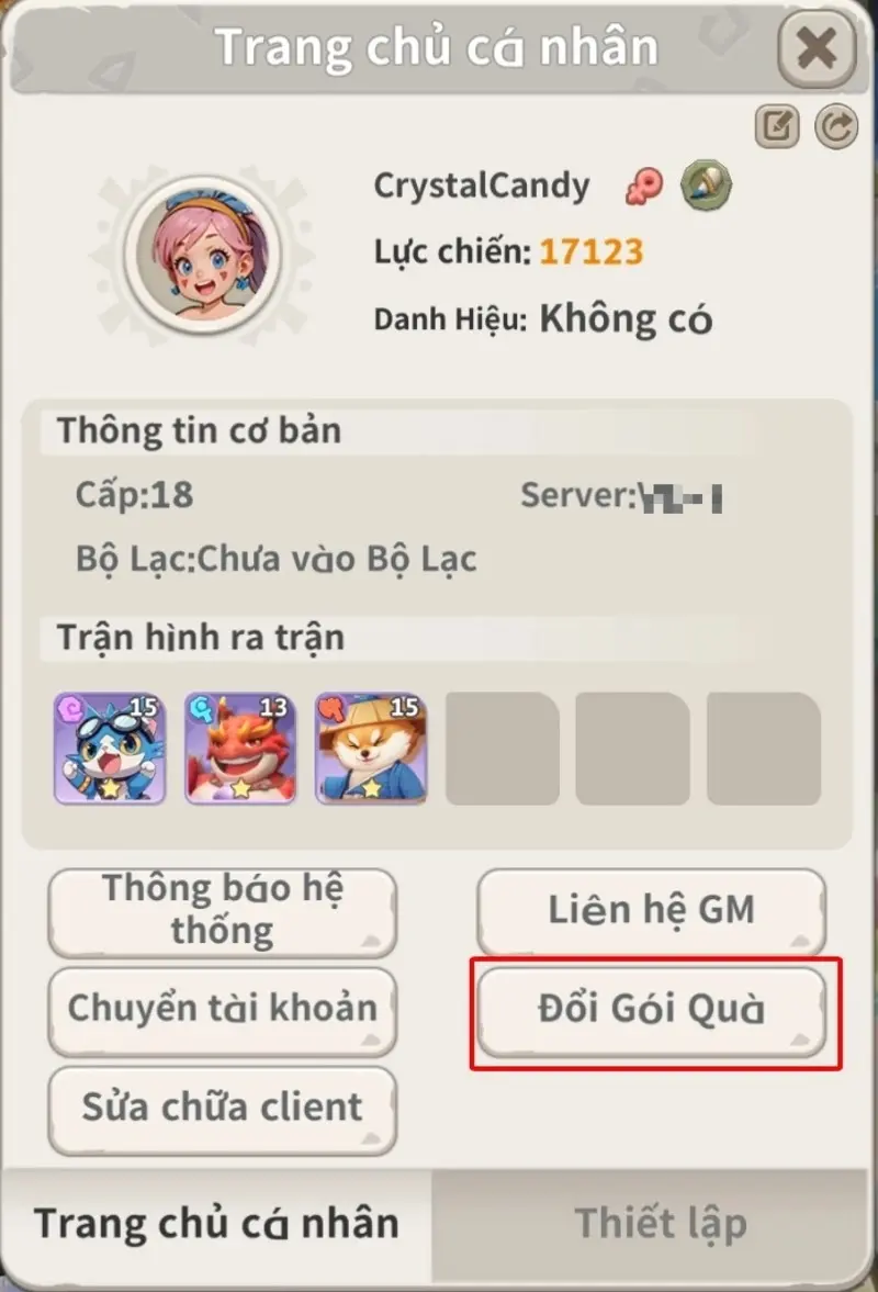 Bước 2 nhấn vào mục Đổi gói quà để nhập code và nhận phần thưởng