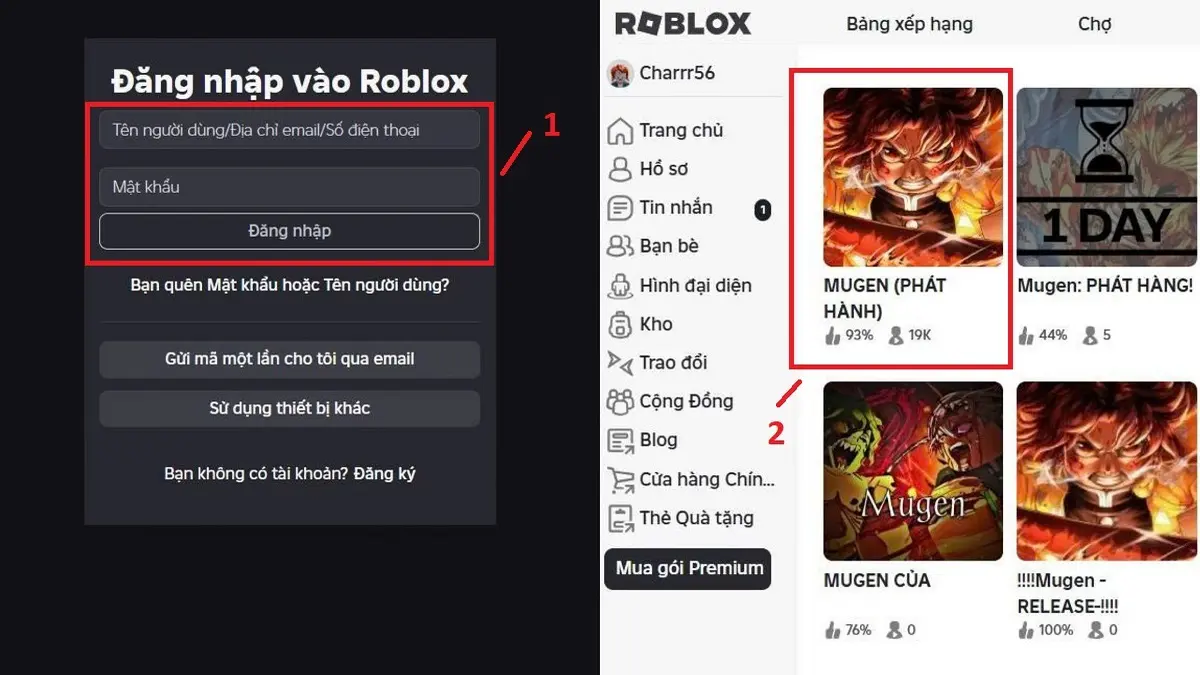 Bước 1 đăng nhập vào Roblox và chọn tựa game MUGEN (Phát hành)