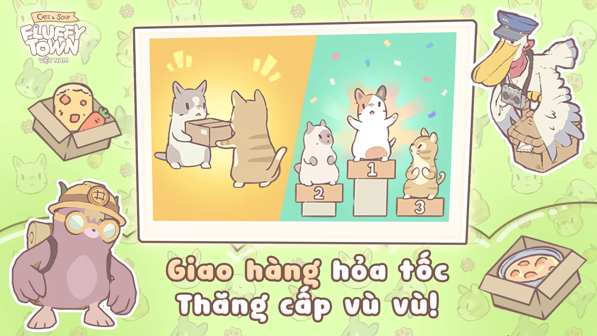 Giao hàng hỏa tốc giúp thăng cấp trong game Cats & Soup: Fluffy Town