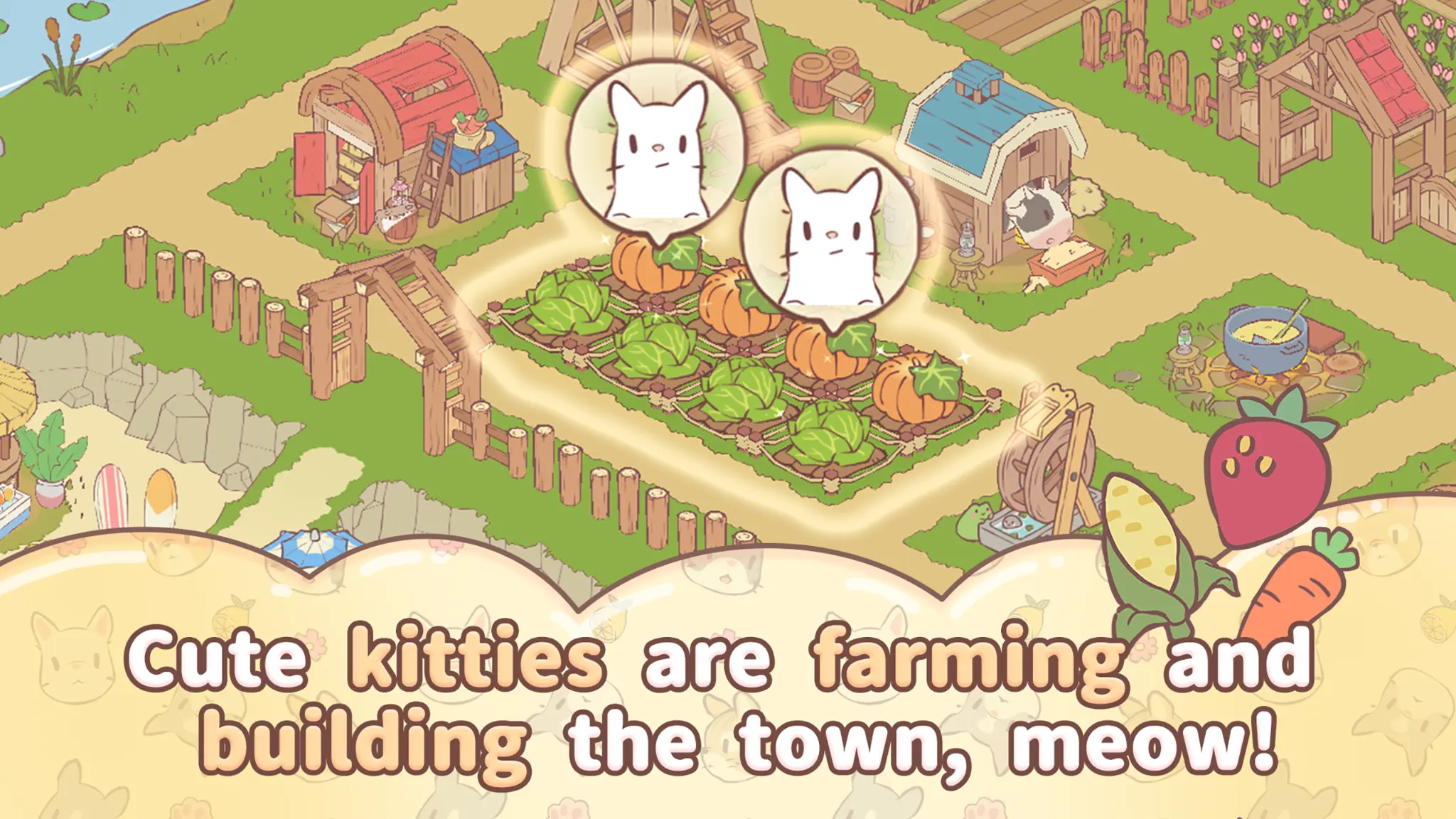 Người chơi sẽ quản lý các con mèo trồng trọt và xây dựng thị trấn trong Cats & Soup: Fluffy Town