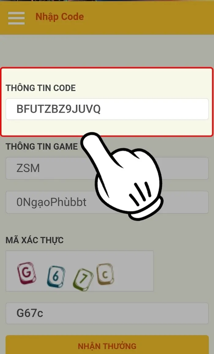 Nhập chính xác mã code ZingSpeed Mobile đã thu thập được vào ô trống theo yêu cầu
