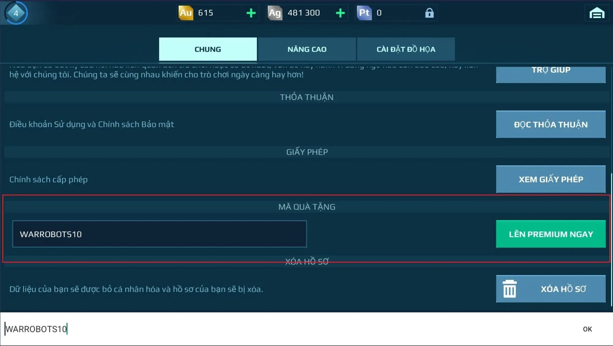 Bước 2 kéo xuống và tìm mục “Mã quà tặng” hoặc “Giftcode”. Sau đó nhập code và chọn “Lên Premium ngay” hoặc “Get Now”
