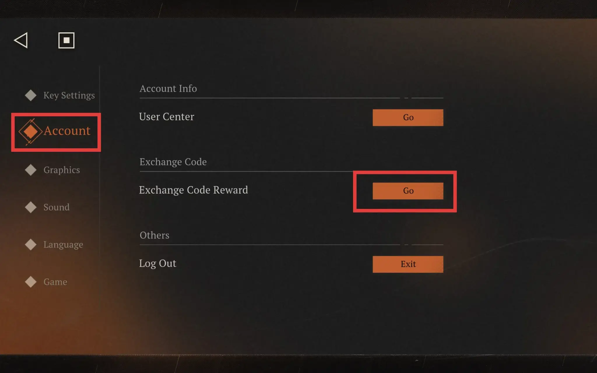 Bước 3 tại mục “Account”, tìm phần “Exchange Code Reward” để nhập code và chọn “Go”