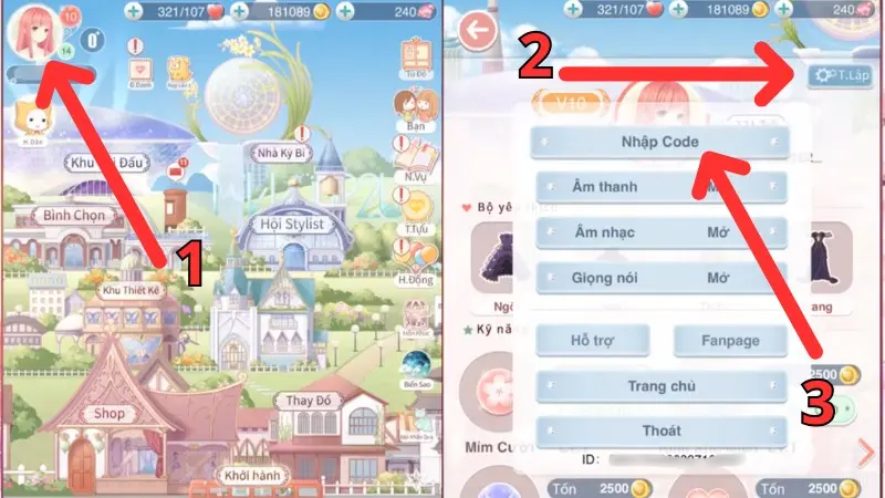 Đăng nhập tài khoản, nhấn vào ảnh đại diện chọn Thiết lập và nhấn vào Nhập code