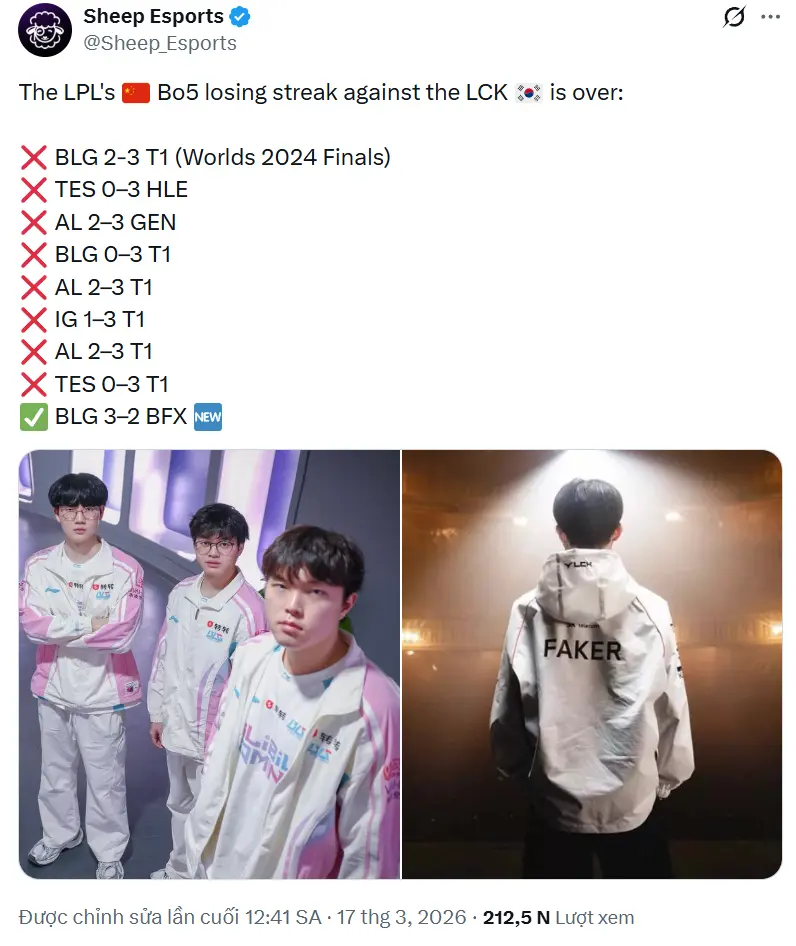 BLG chấm dứt chuỗi thua BO5 của LPL trước LCK kể từ chung kết CKTG 2024 (Người Đưa Tin)