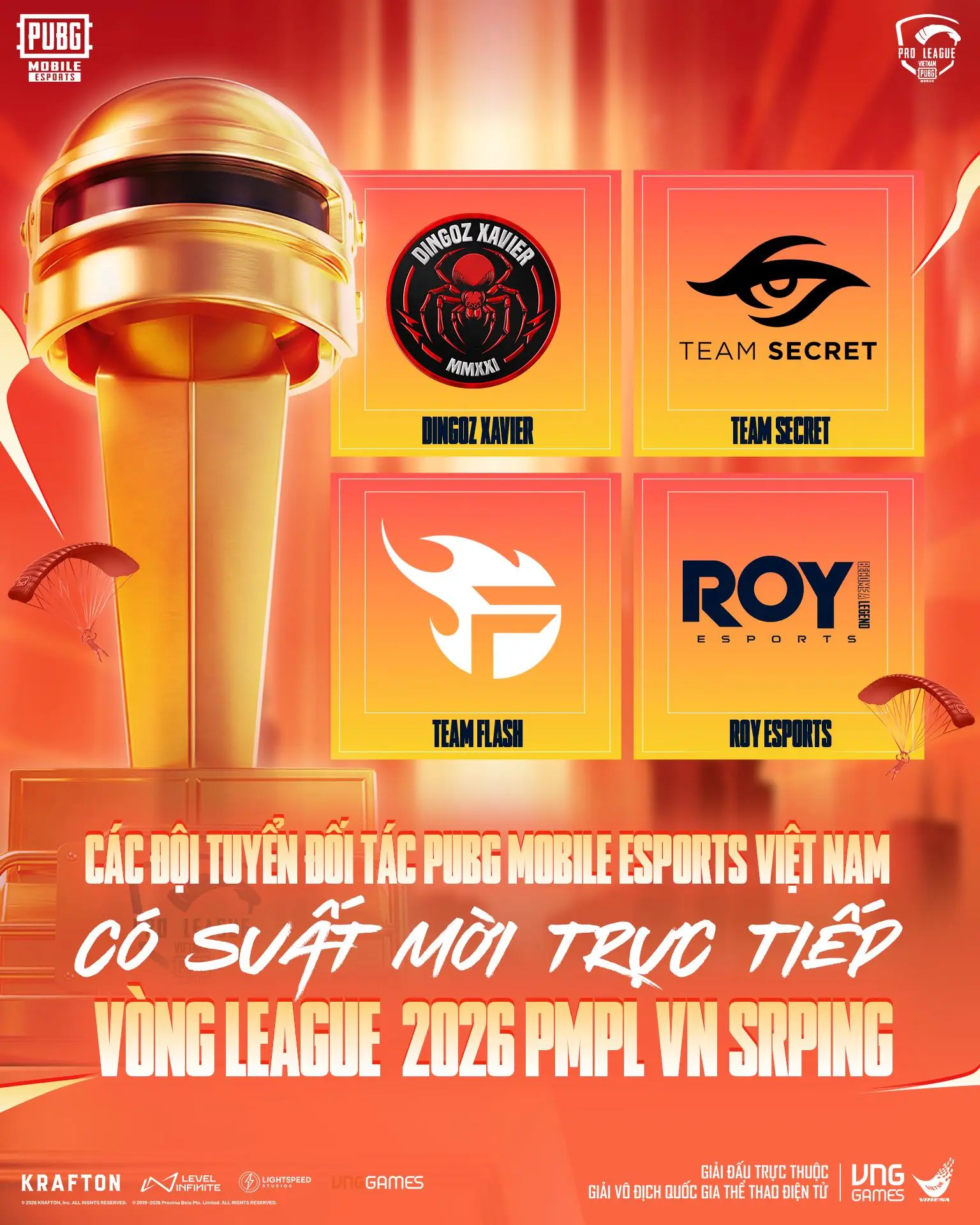 PUBG Mobile Pro League Vietnam 2026 Spring chính thức trở lại sau hai năm 2 Các đội có suất mời trực tiếp đến vòng League 2026 PMPL VN Spring (Ảnh: Facebook)