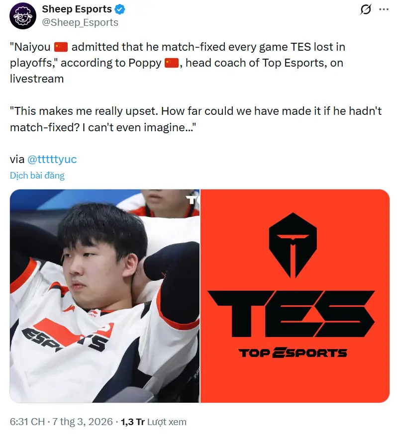 HLV trưởng của Top Esports xác nhận Naiyou thực sự đã có hành vi "bán độ" (Ảnh: Người Đưa Tin)