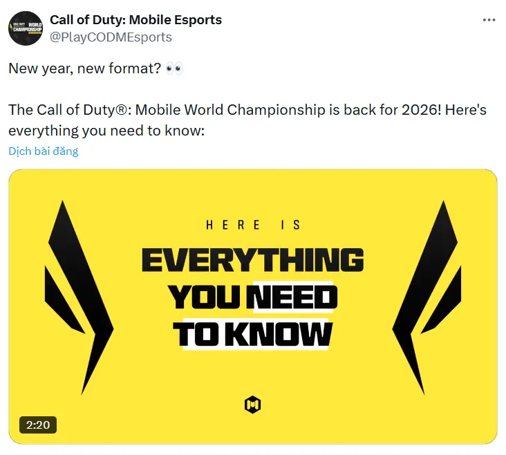 Trọng tâm của năm Esports là CODM World Championship 2026 (Ảnh: X)